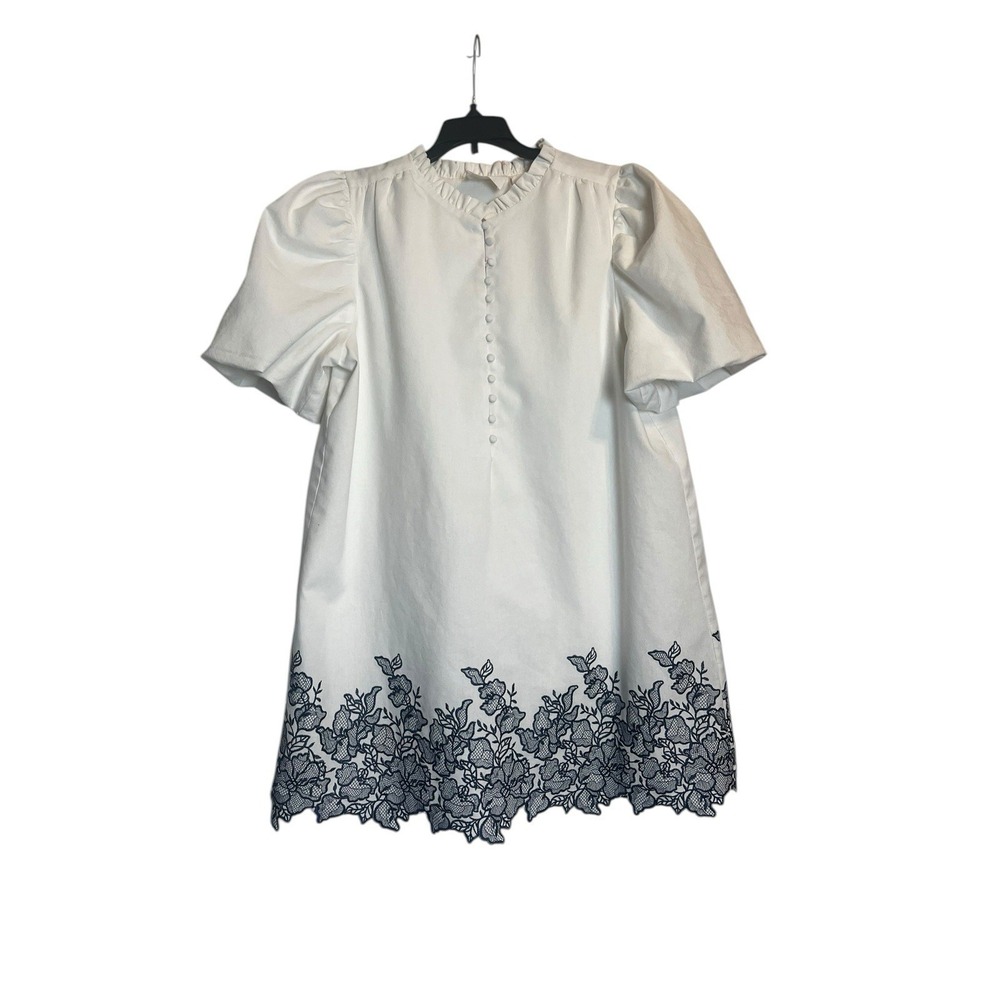 Hyacinth House Mimi Mini Dress XL in White with Navy Embroidery